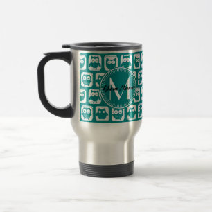 Mit Monogramm Aquamarine und weiße Owlen Reisebecher