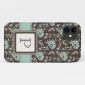 Mit Monogramm aquamariner Brown-Damast Case-Mate iPhone Hülle (Rückseite (Horizontal))