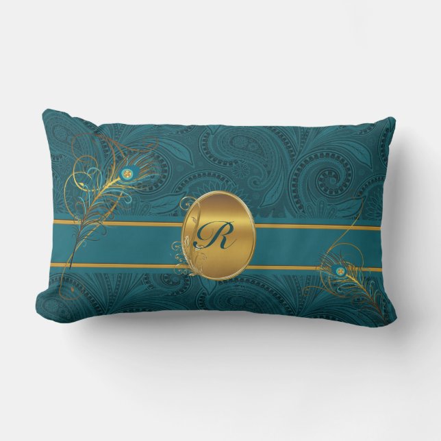 Mit Monogramm Aquamariner Pfau mit 2-seitigem Gold Lendenkissen (Vorderseite)