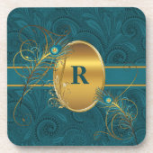 Mit Monogramm Aquamariner Pfau und Gold Drink Untersetzer (Vorderseite)