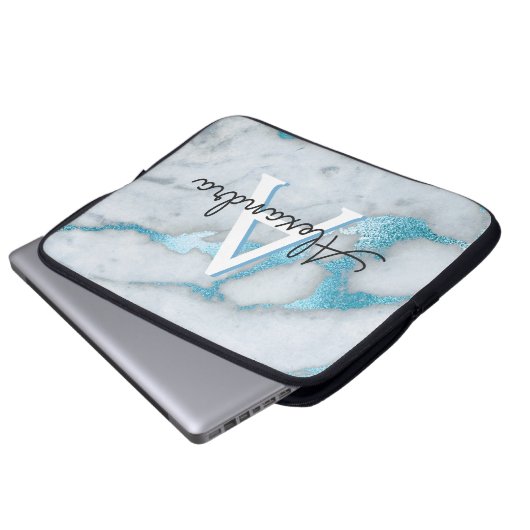 Mit Monogramm Aquamariner und weißer Marmor Laptopschutzhülle (Vorne Knopf)