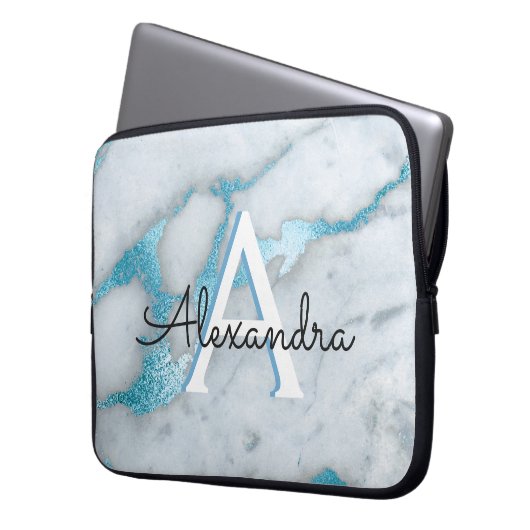 Mit Monogramm Aquamariner und weißer Marmor Laptopschutzhülle (Vorderseite Links)