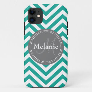 Mit Monogramm Aquamarines Blau und Grau Zigzag iPhone 11 Hülle