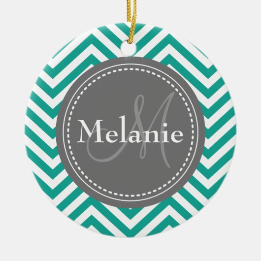 Mit Monogramm Aquamarines Blau und Grau Zigzag Keramik Ornament (Vorne)