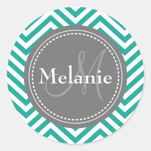 Mit Monogramm Aquamarines Blau und Grau Zigzag Runder Aufkleber (Vorderseite)