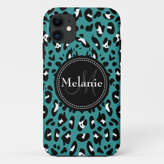 Mit Monogramm Aquamarines Schwarz-weißes Leopard-M Case-Mate iPhone Hülle (Rückseite)