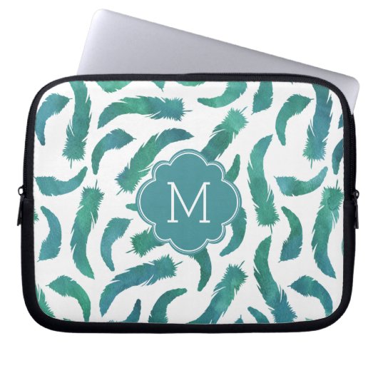 Mit Monogramm Aquamarines Wasserfarben-Feathtern-M Laptopschutzhülle (Vorderseite)