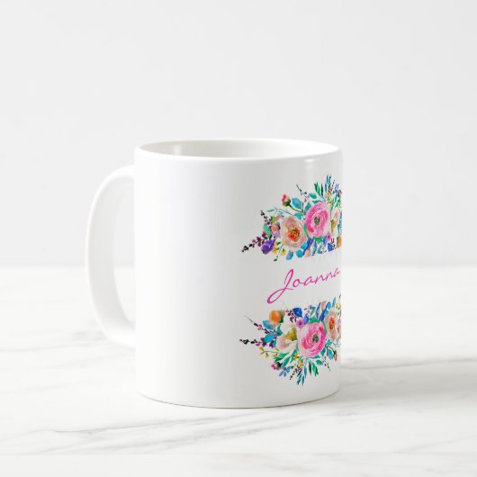 Mit Monogramm Aquarellfarben - farbige Blume Kaffeetasse (Vorderseite Links)