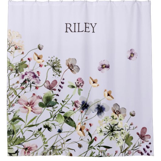 Mit Monogramm Aquarellfarben Lila Wildblumen Duschvorhang (Vorderseite)