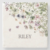 Mit Monogramm Aquarellfarben Lila Wildblumen Steinuntersetzer (Vorderseite)