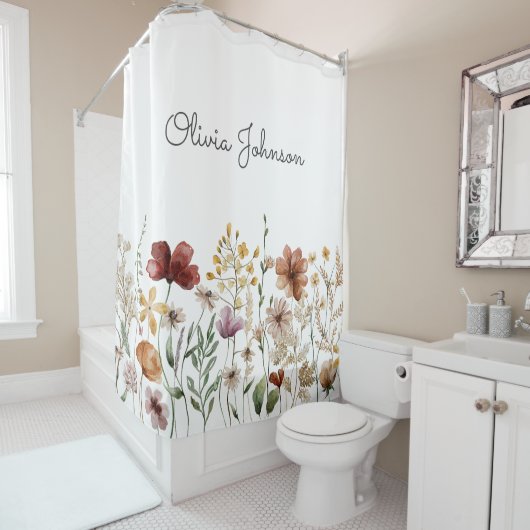 Mit Monogramm Aquarellfarben Wildblume Hübsch Duschvorhang (Beispiel)