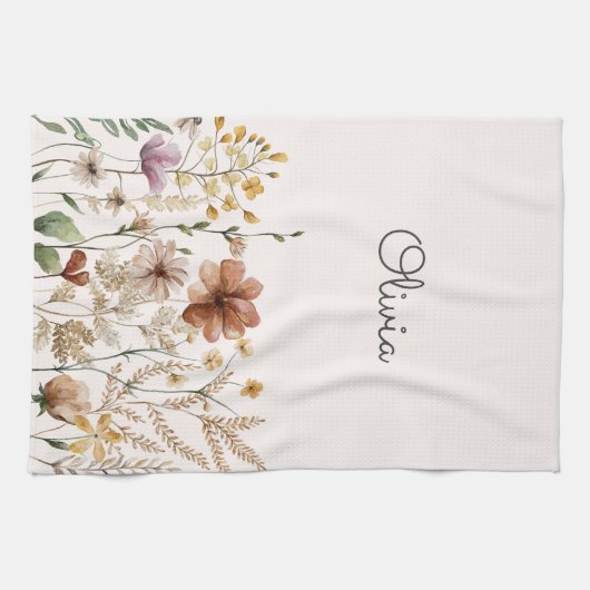 Mit Monogramm Aquarellfarben Wildblume Hübsch Geschirrtuch (Horizontal)