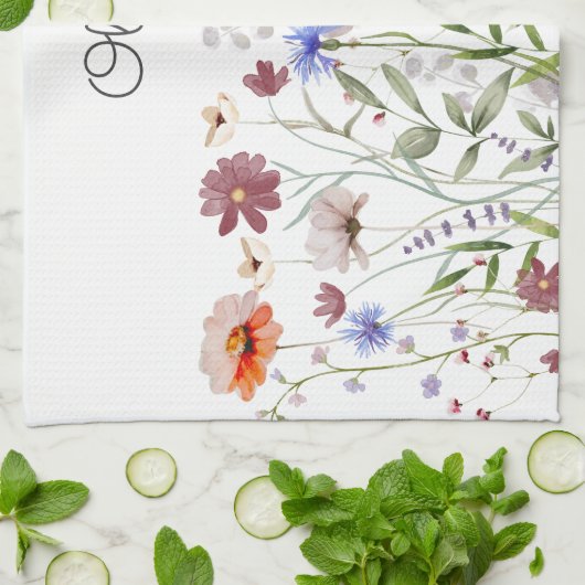 Mit Monogramm Aquarellfarben - Wildblume Wiese Geschirrtuch (Gefaltet)