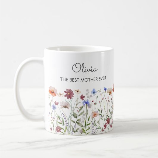 Mit Monogramm Aquarellfarben - Wildblume Wiese Kaffeetasse (Links)