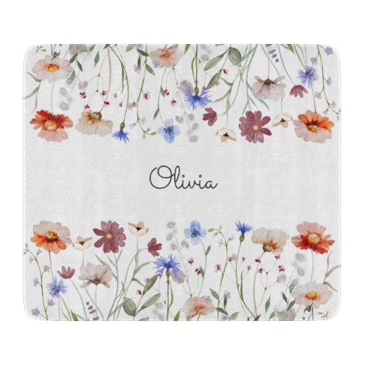 Mit Monogramm Aquarellfarben - Wildblume Wiese Schneidebrett (Vorderseite)