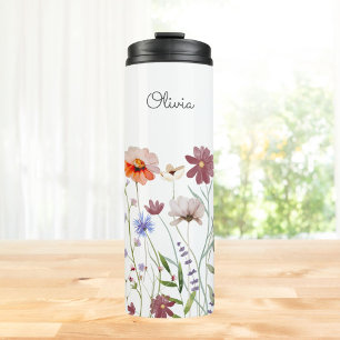 Mit Monogramm Aquarellfarben - Wildblume Wiese Thermosbecher