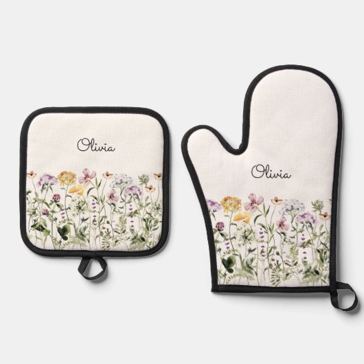 Mit Monogramm Aquarellgarten Wildblume Ofenhandschuh & Topflappen-Set (Vorderseite)