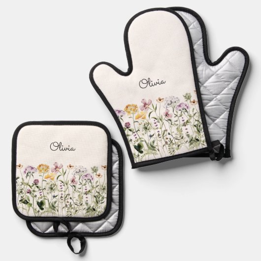 Mit Monogramm Aquarellgarten Wildblume Ofenhandschuh & Topflappen-Set (Vorderseite/Rückseite)