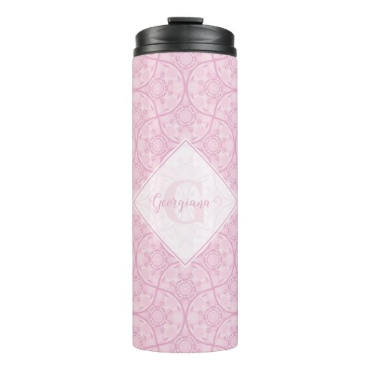 Mit Monogramm Art Deco Fans Preppy in Pink Mandala Thermosbecher (Vorderseite)