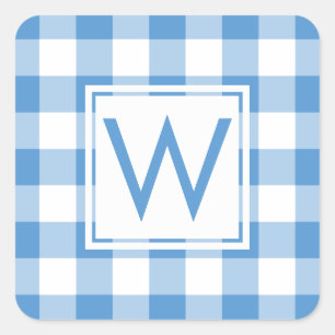 Mit Monogramm Baby Blue Gingham Kariertes Muster Quadratischer Aufkleber