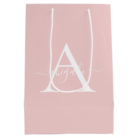 Mit Monogramm Baby Pink | Minimalistisches Elegant Mittlere Geschenktüte (Rückseite)