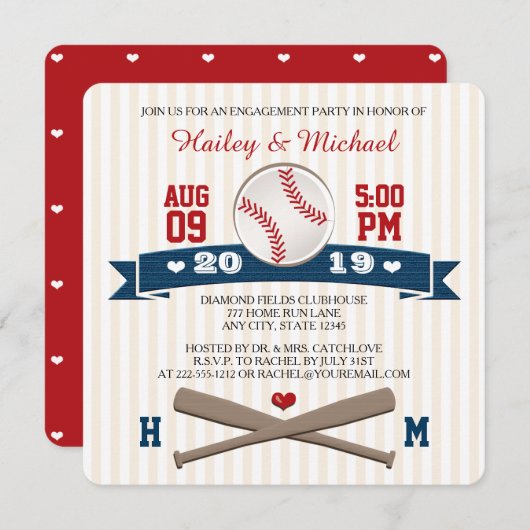 MIT MONOGRAMM BASEBALL-ENGAGEMENT-PARTEI EINLADUNG (Vorne/Hinten)