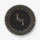 Mit Monogramm Black and Gold Art Deko Wedding Part Pappteller (Vorderseite)