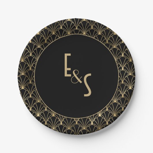 Mit Monogramm Black and Gold Art Deko Wedding Part Pappteller (Vorderseite)