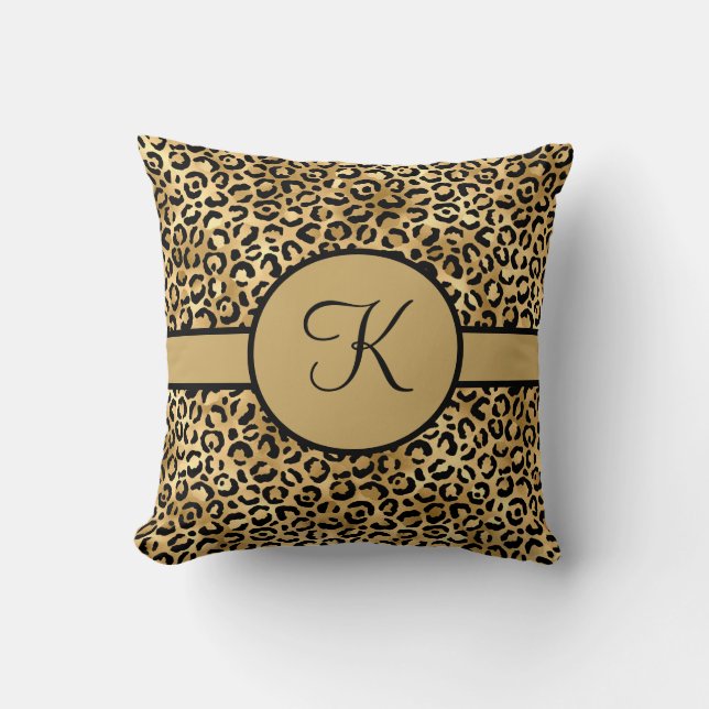 Mit Monogramm Black and Gold Leopard Print Kissen (Vorderseite)