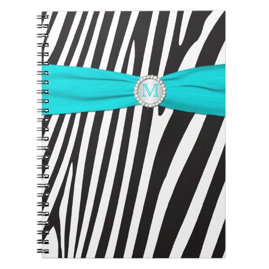 Mit Monogramm Black Aqua White Zebra Strip Noteboo Notizblock (Vorderseite)