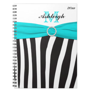 Mit Monogramm Black Aqua White Zebra Strip Noteboo Notizblock