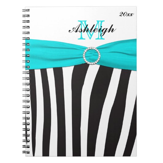Mit Monogramm Black Aqua White Zebra Strip Noteboo Notizblock (Vorderseite)