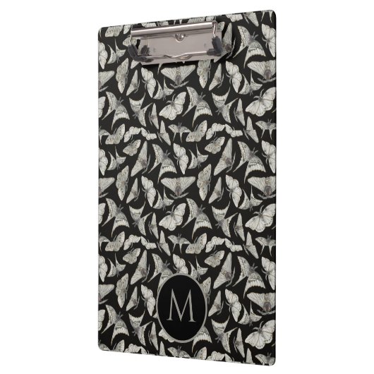 Mit Monogramm Black Beige Moth Bug Pattern Klemmbrett (Links)