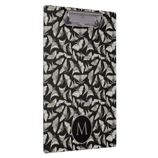 Mit Monogramm Black Beige Moth Bug Pattern Klemmbrett (Rechts)