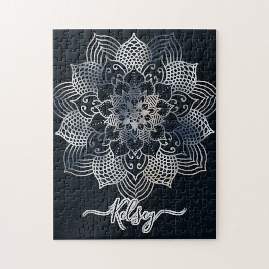 Mit Monogramm Black & Blue Mandala Muster Puzzle (Vertikal)