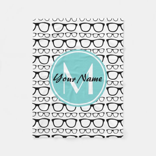 Mit Monogramm Black Glasses Aqua Personalisierter Fleecedecke (Vorderseite)