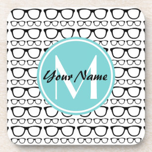 Mit Monogramm Black Glasses Aqua Personalisierter Getränkeuntersetzer