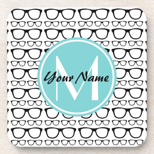 Mit Monogramm Black Glasses Aqua Personalisierter Getränkeuntersetzer (Vorderseite)