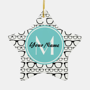 Mit Monogramm Black Glasses Aqua Personalisierter Keramik Ornament