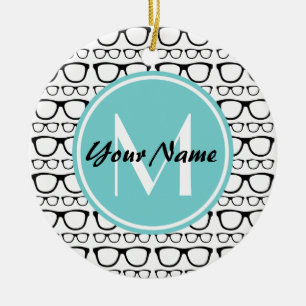 Mit Monogramm Black Glasses Aqua Personalisierter Keramikornament