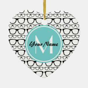 Mit Monogramm Black Glasses Aqua Personalisierter Keramikornament