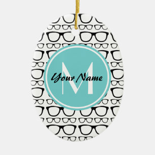 Mit Monogramm Black Glasses Aqua Personalisierter Keramikornament