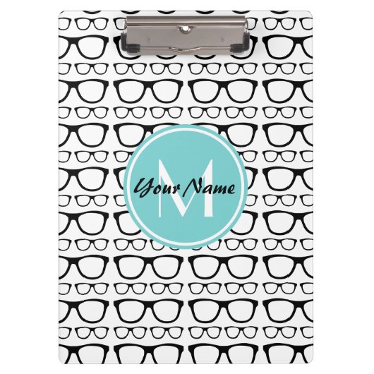 Mit Monogramm Black Glasses Aqua Personalisierter  Klemmbrett (Vorderseite)