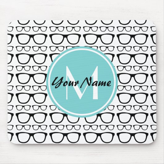 Mit Monogramm Black Glasses Aqua Personalisierter Mousepad (Vorne)