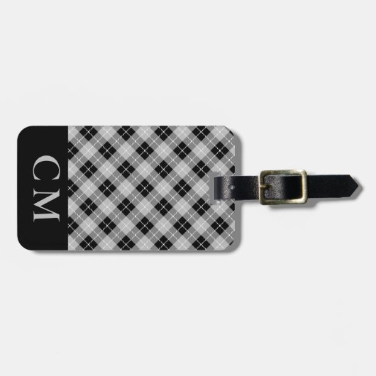 Mit Monogramm Black Kariert Modern Simple Initials Gepäckanhänger (Vorderseite horizontal)
