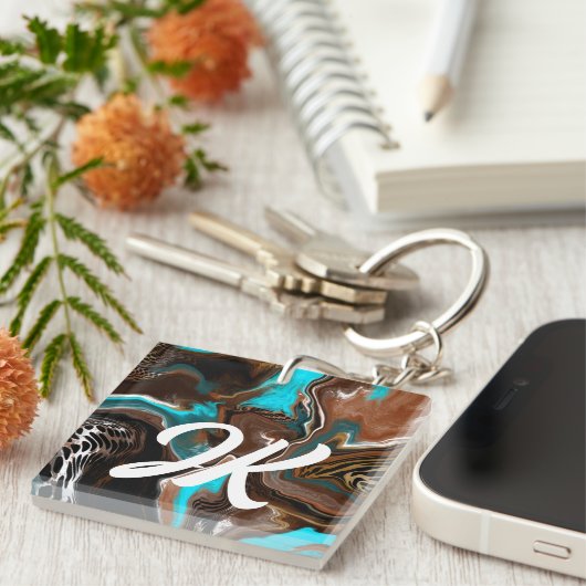 Mit Monogramm Blau, Braun und Schwarz Abstrakte Ku Schlüsselanhänger (Vorderseite rechts)