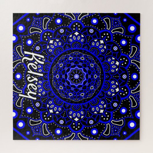 Mit Monogramm Blau, Schwarz und Weiß-Mandala-Muste Puzzle (Horizontal)