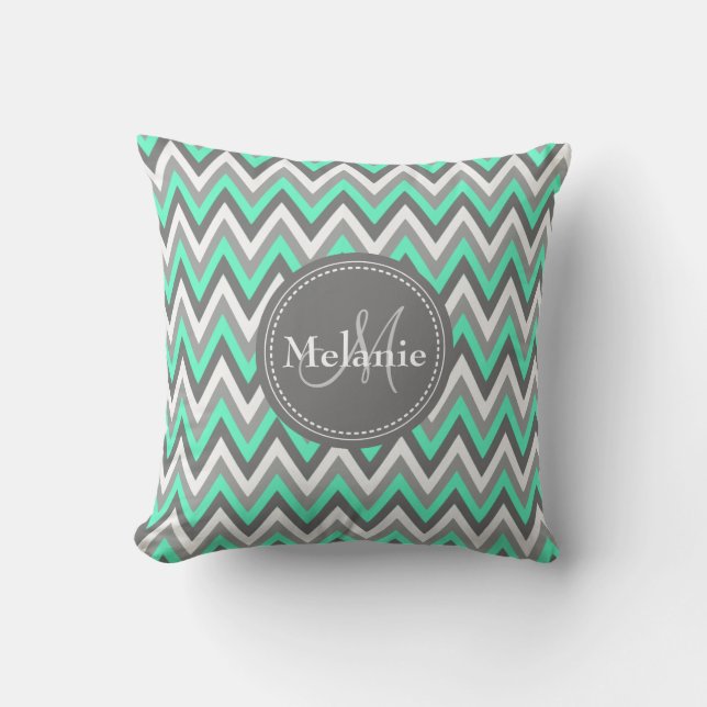 Mit Monogramm Blau und Grau Zickzack Muster Kissen (Vorderseite)