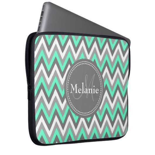 Mit Monogramm Blau und Grau Zickzack Muster Laptopschutzhülle (Vorne Rechts)