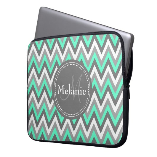 Mit Monogramm Blau und Grau Zickzack Muster Laptopschutzhülle (Vorderseite Links)